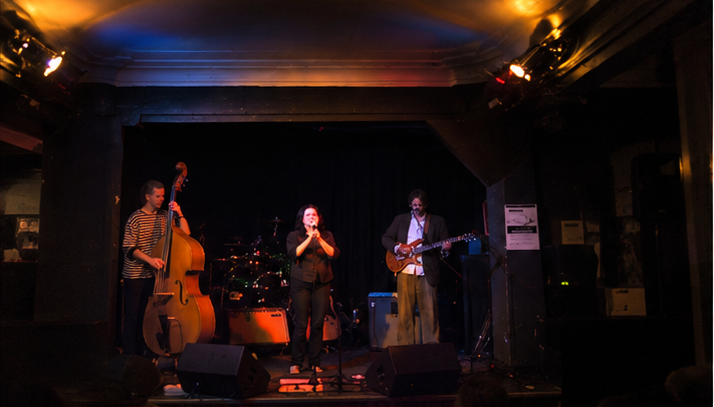 Letterbox performing on stage in Sydney, with double bass, vocals and guitar